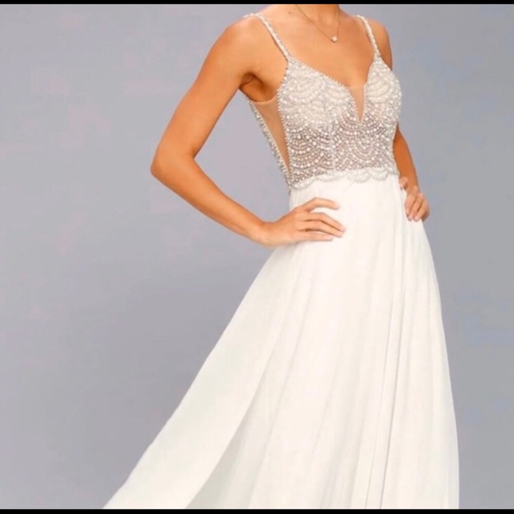 Lulu True White Beaded Rhinestone Maxi Wedding Dress